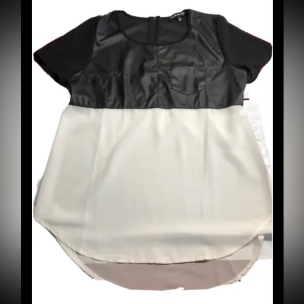 Black faux leather White chiffon TUNIC Hi Low Blouse Flowy Zip Back Pullover s/s